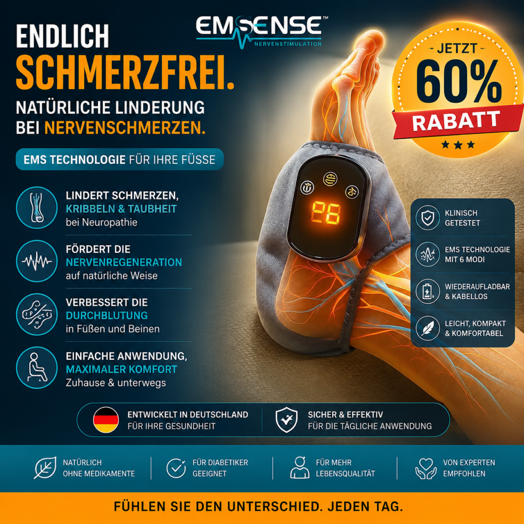 EmSense Fußmassagegerät zur natürlichen Linderung von Nervenschmerzen und Neuropathie mit 60% Rabatt. Entwickelt in Deutschland